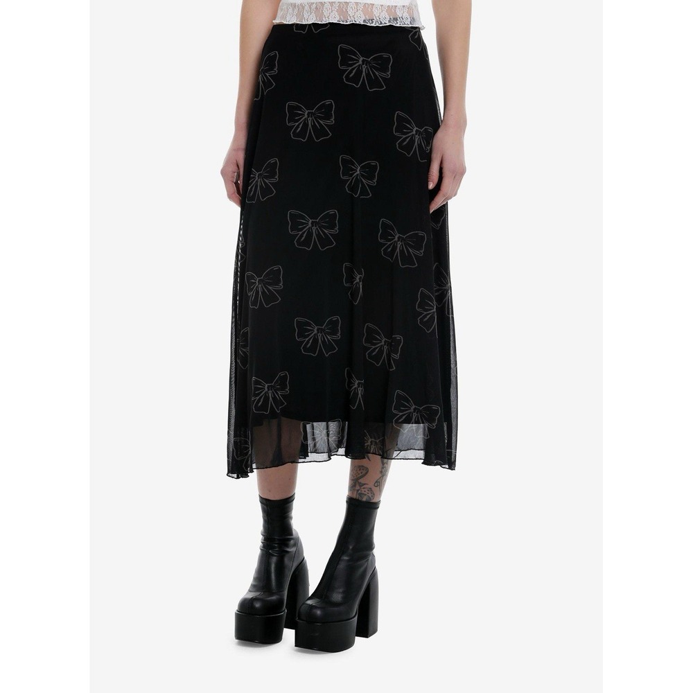 Cosmic Aura L Large Skirt Bows Mesh Midi Black Grey Dark Fairy Whimsigoth Grunge